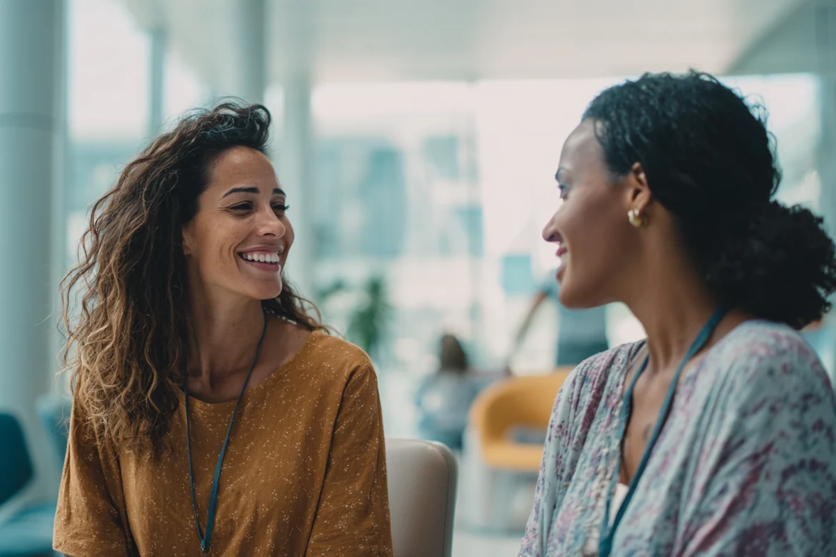 Dos profesionales conversando sentadas en la recepción de una oficina